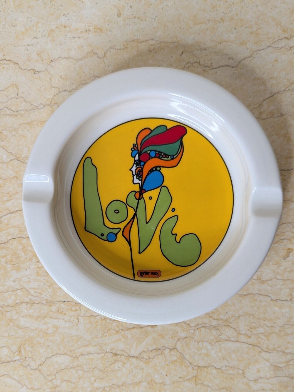 Vintage Peter Max 1960's Love Groovy Colorful White Ashtray Iroquois China